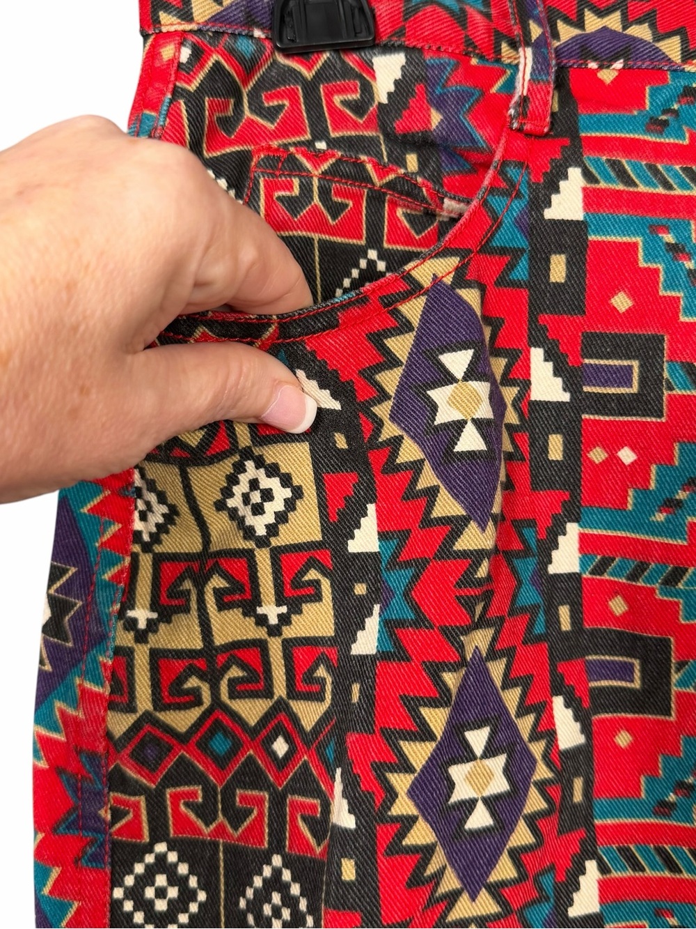 Vintage 90s Adobe Rose Skirt Sz 9/10 Red Southwestern Aztec Denim Pencil Fringe - Picture 4 of 7